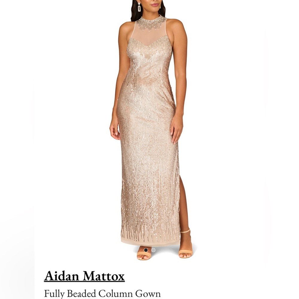 Aidan Mattox Sleeveless Sequin Illusion Neckline Fully Beaded Column Gown